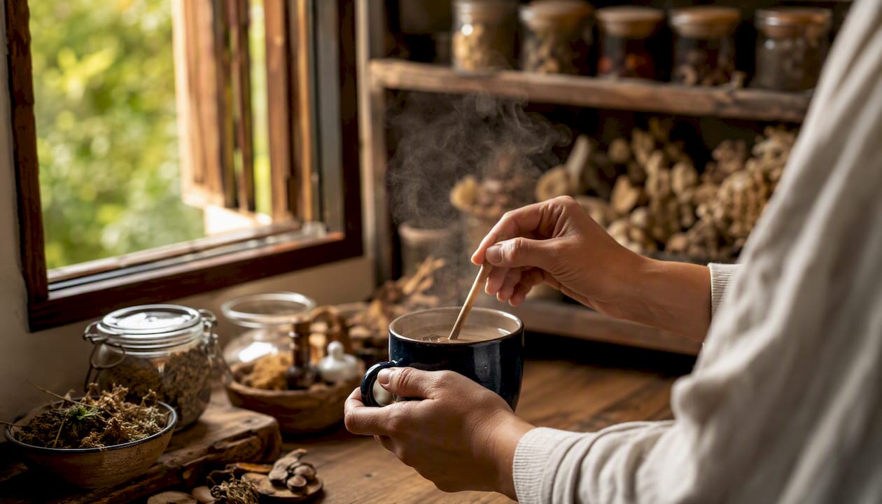 Hands pouring hot water over adaptogenic mushroom coffee
