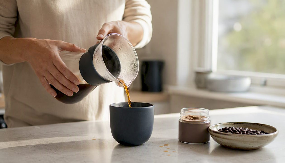 Hands pouring coffee into mug on wooden table