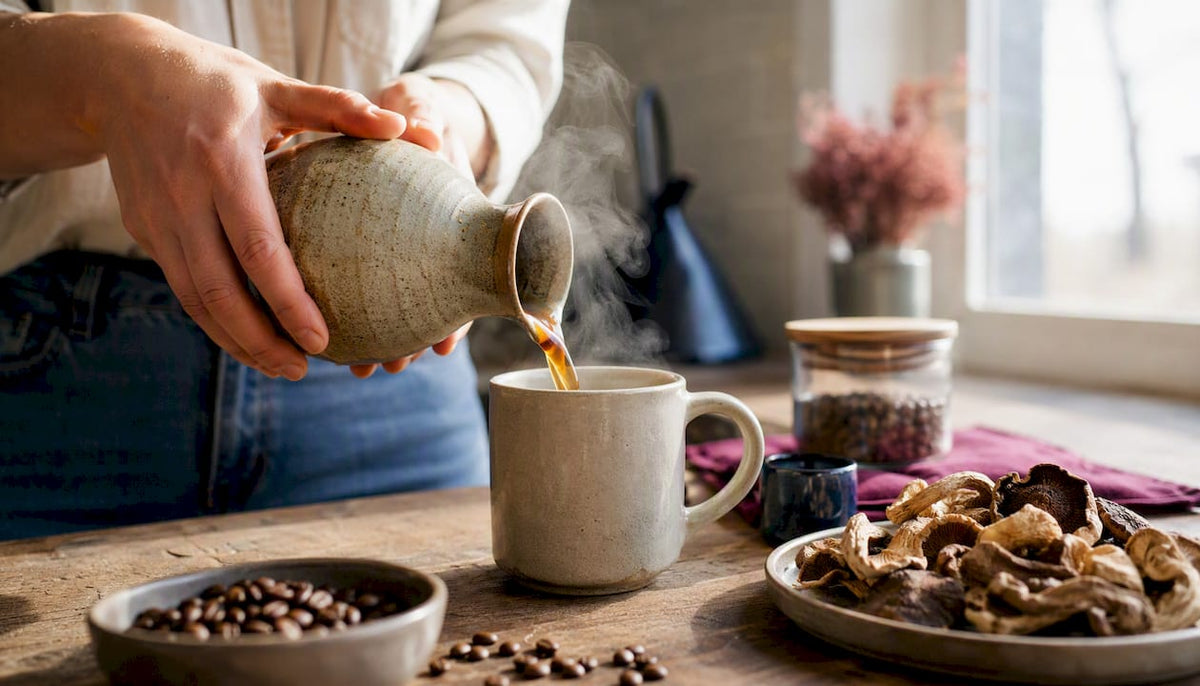 Hands pouring mushroom coffee into mug