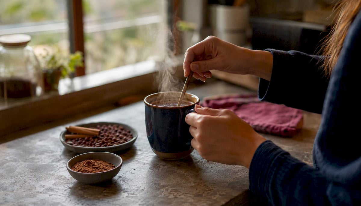 Hands pouring reishi mushroom coffee with cacao and cinnamon