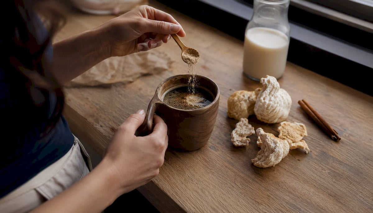 Hand adding lion's mane powder to coffee cup