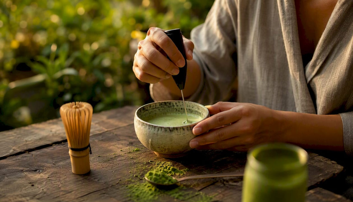 Hands whisking matcha latte in ceramic cup