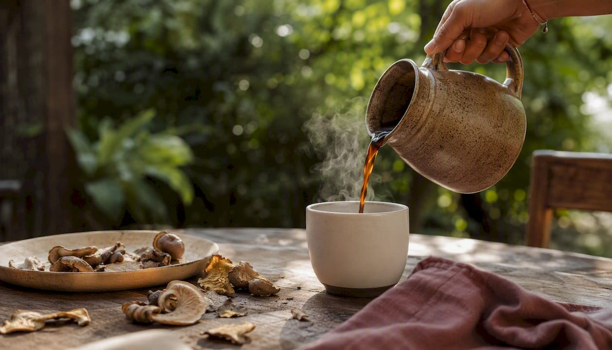 Hand pouring mushroom coffee into cup outdoors