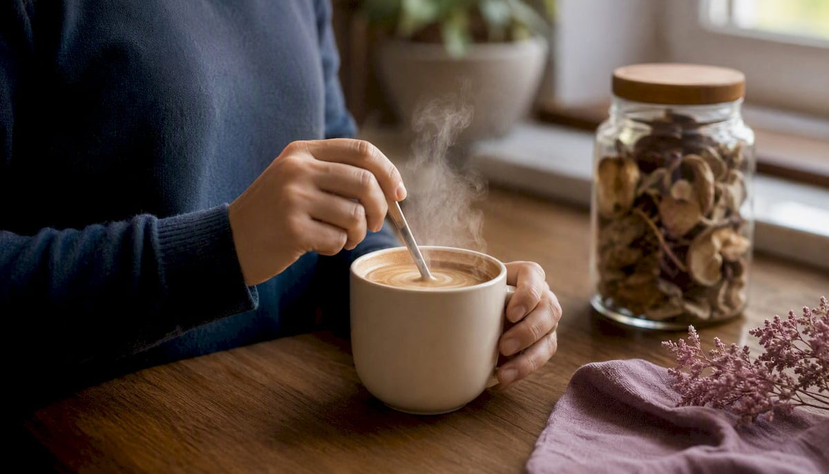 Hand pouring mushroom coffee in modern kitchen