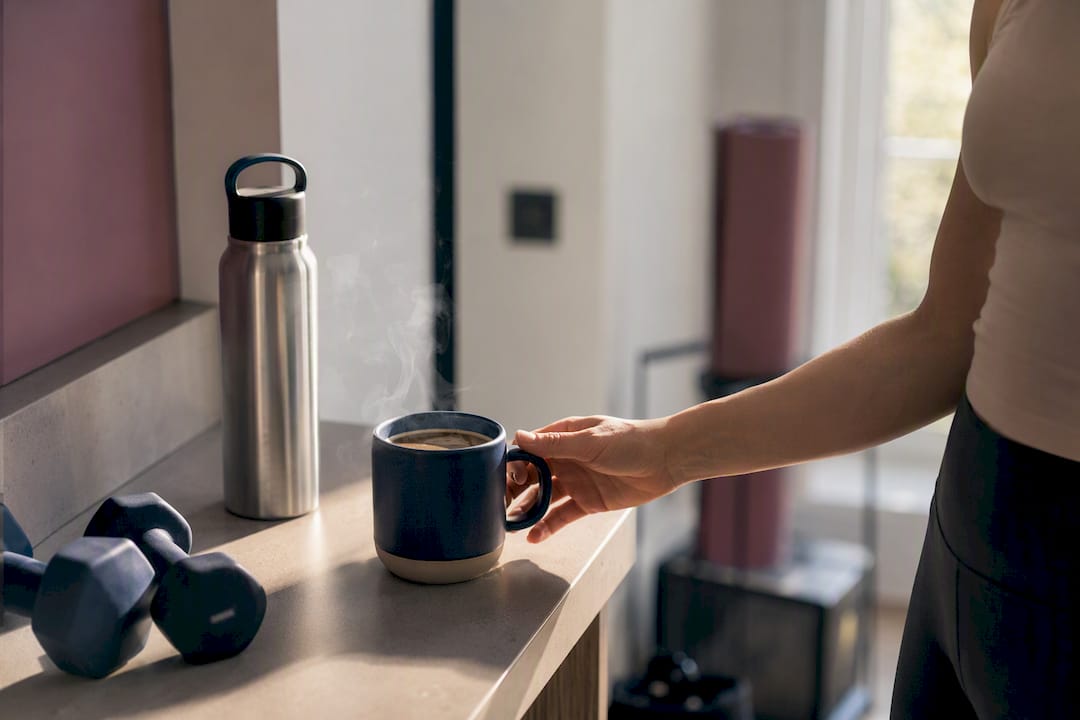 Hand picking up low-caffeine mushroom coffee before workout