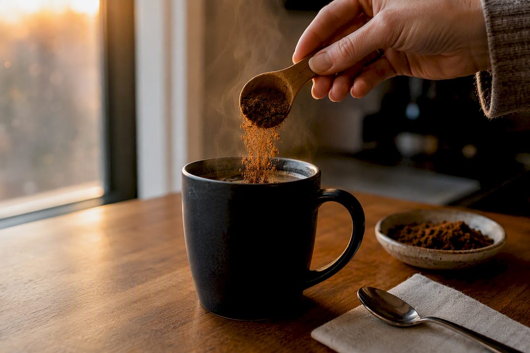 Hand pouring chaga mushroom powder into coffee