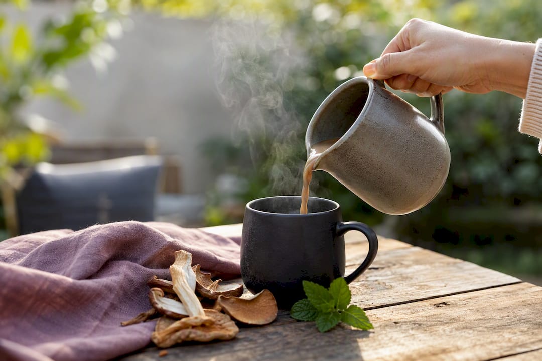 Hand pouring mushroom coffee into mug