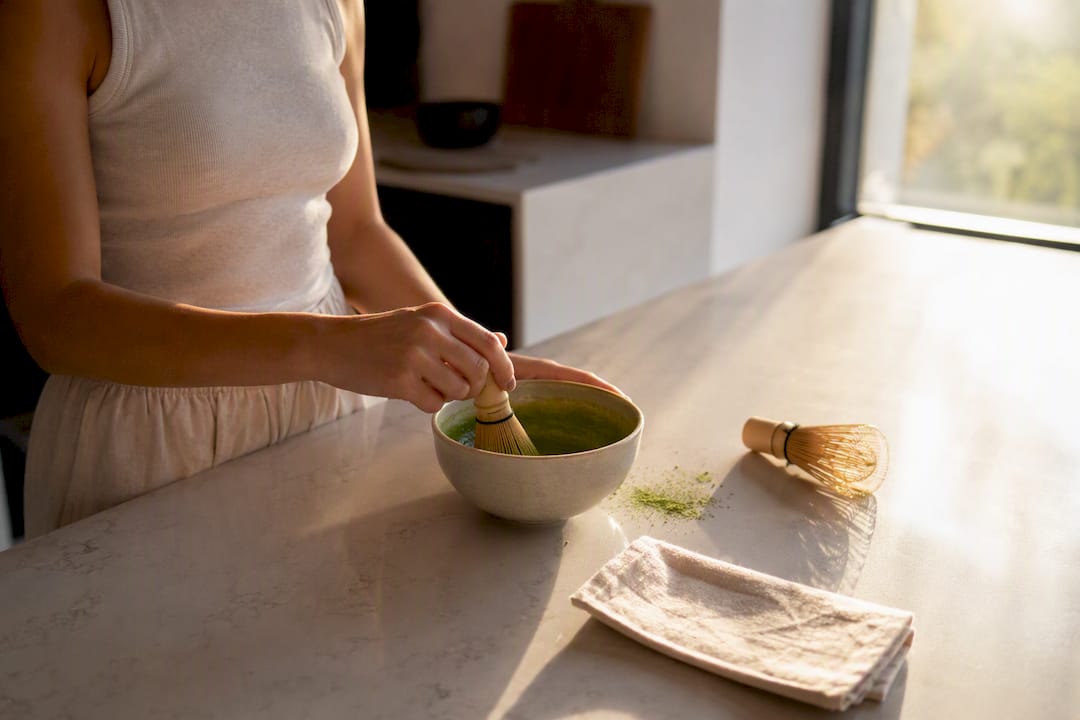 Hand whisking matcha tea in ceramic bowl