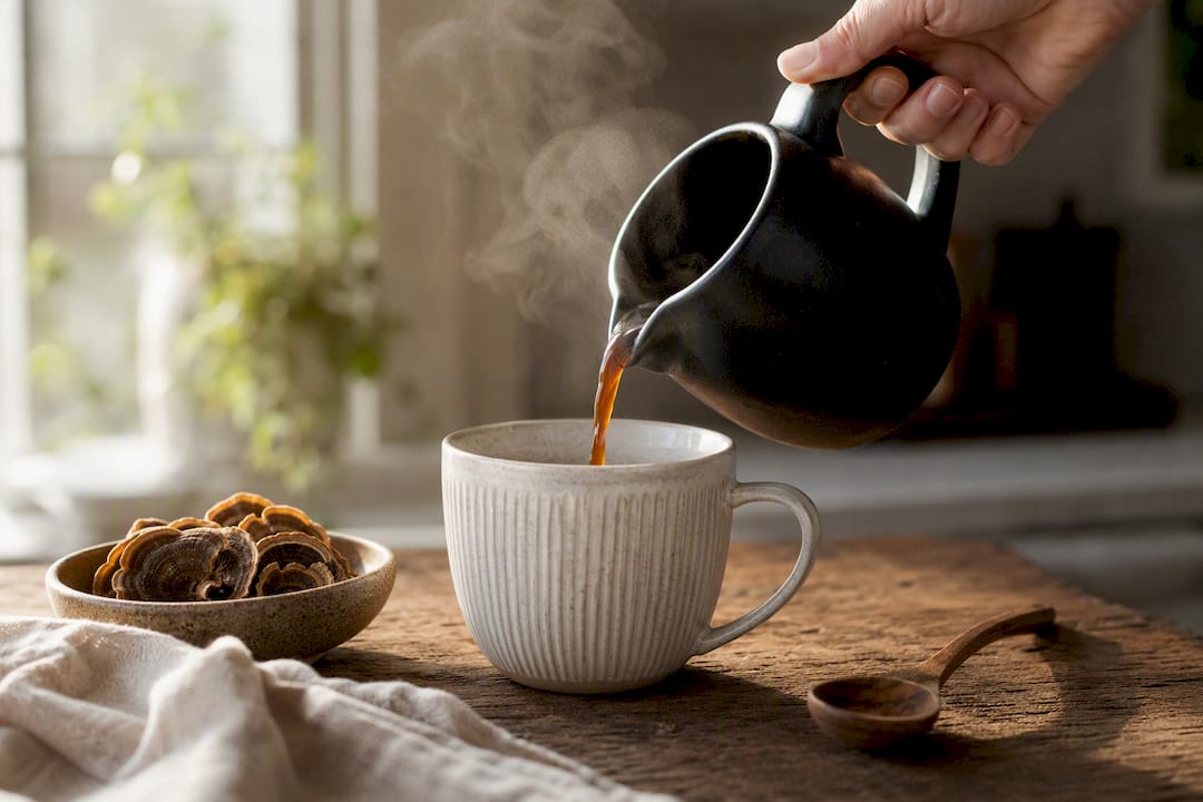 Hand pouring turkey tail mushroom coffee