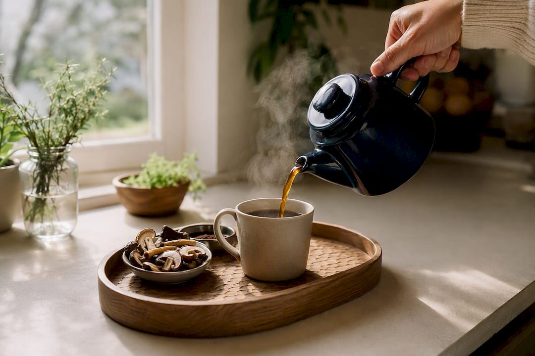Hand pouring six-mushroom coffee into cup
