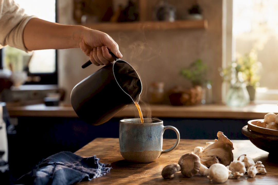 Pouring mushroom coffee into ceramic cup