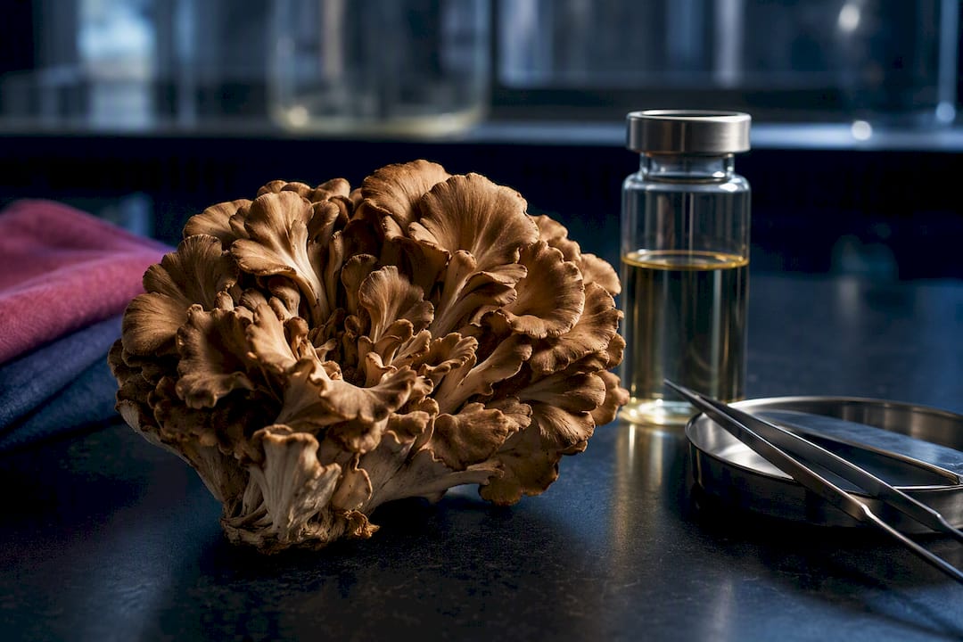 Maitake mushroom beside laboratory extraction vial