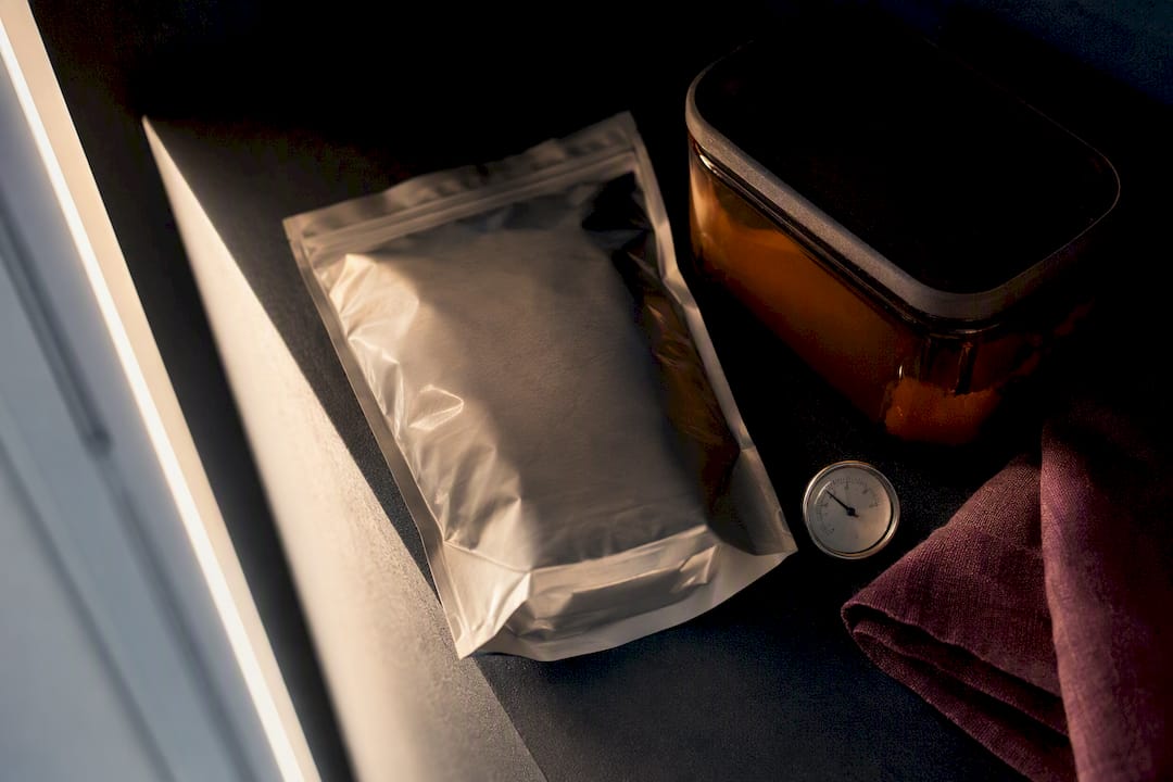 Sealed coffee pouch in a cool dark pantry