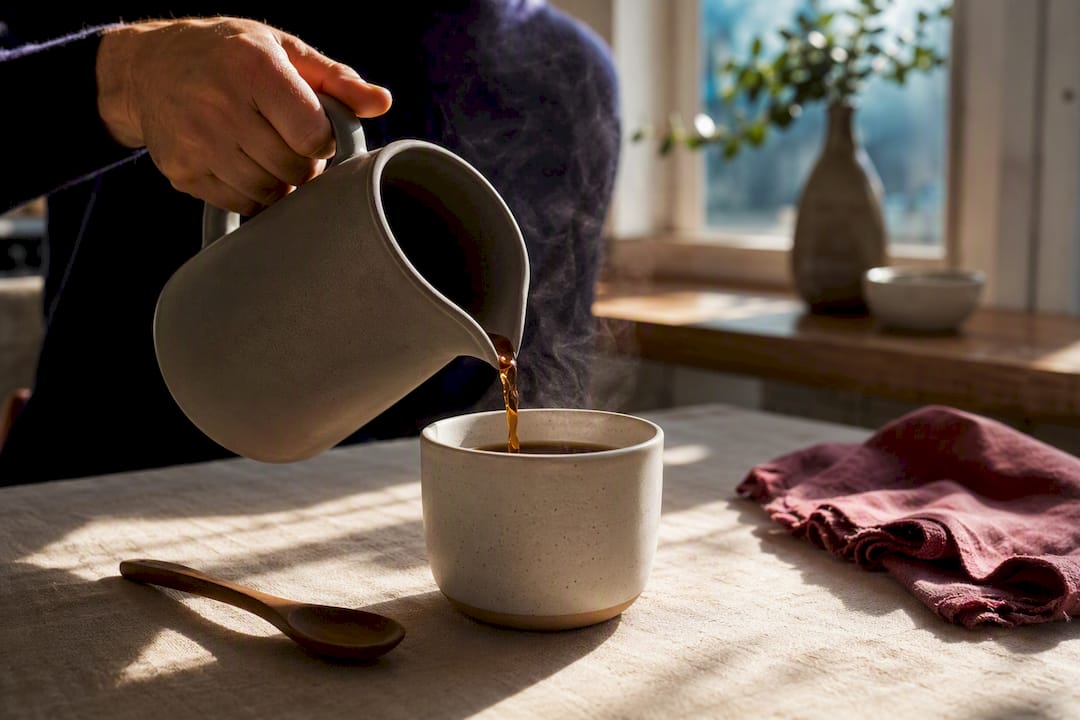 Mushroom coffee poured into a ceramic cup
