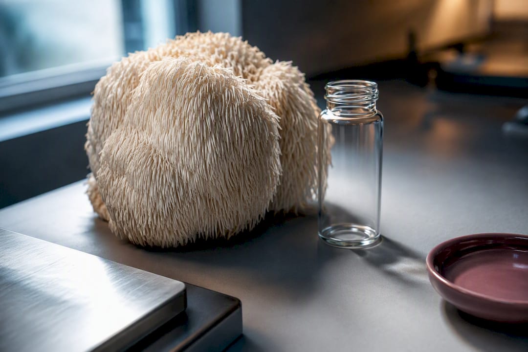 Lion's mane mushroom beside laboratory sample vial