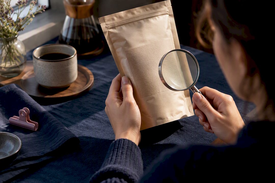 Hands inspecting anonymous mushroom coffee packaging