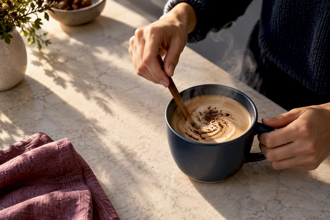 Hand stirring a healthy instant latte