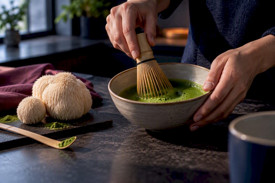 Whisking matcha beside lion's mane mushroom