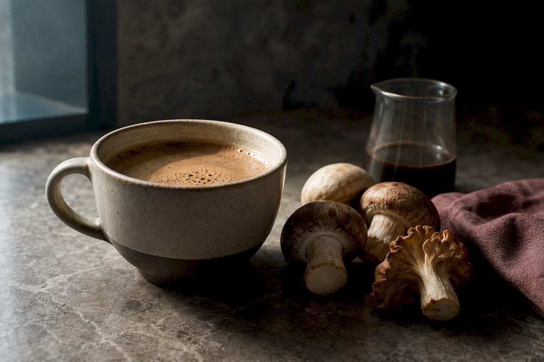 Mushroom coffee beside whole mushrooms