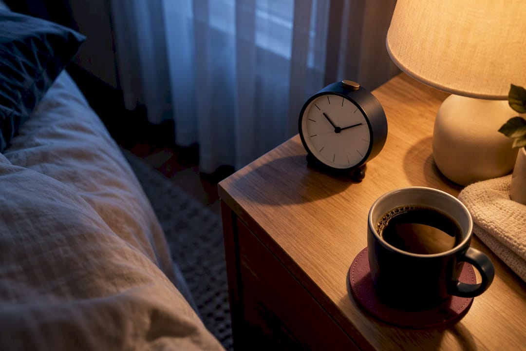 Coffee cup beside alarm clock at night