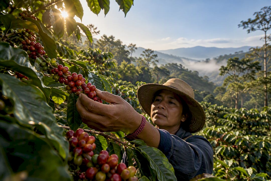 Farmworker inspecting organic coffee cherries