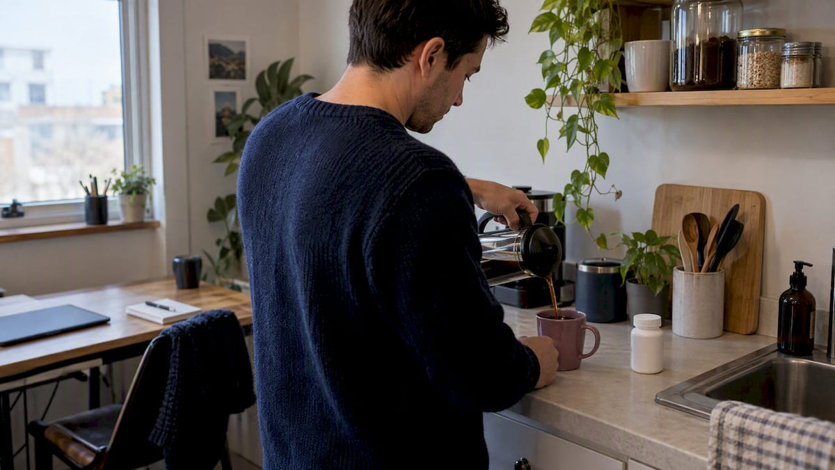 Adult preparing mushroom coffee beside medication