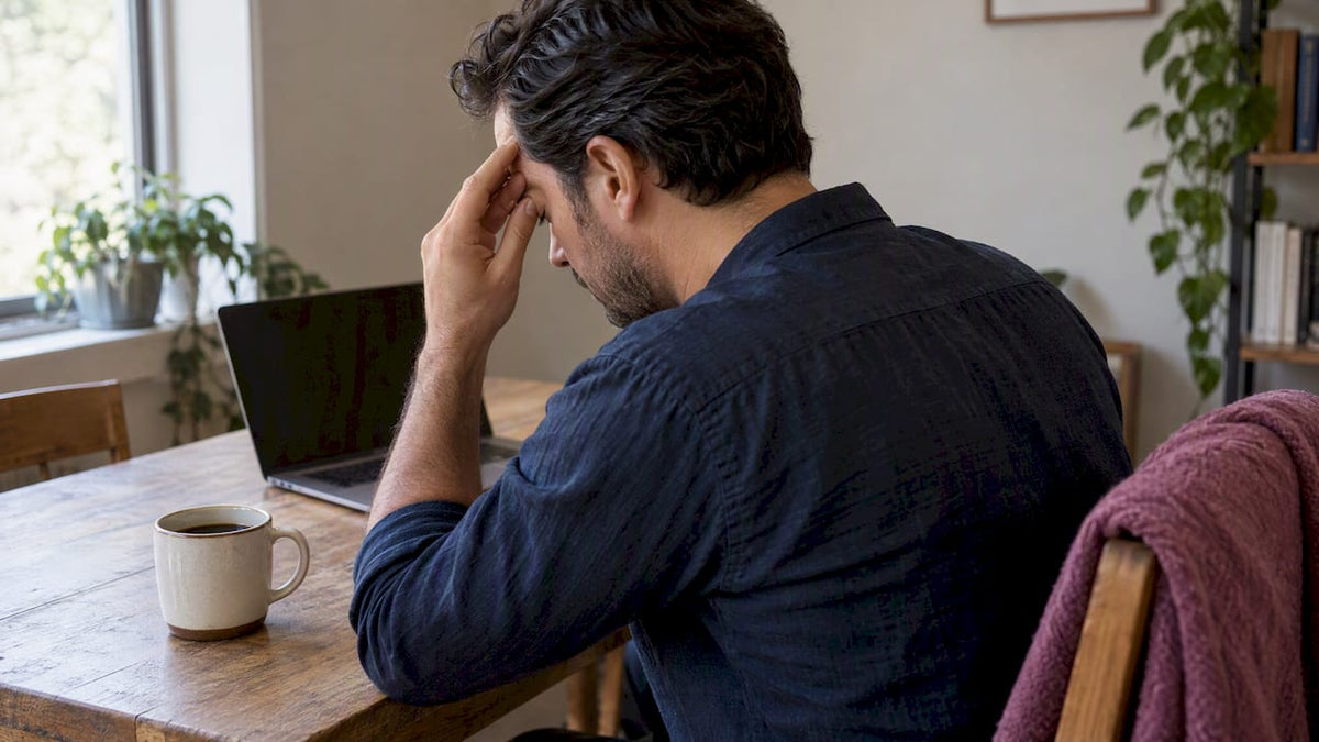 Person assessing headache beside coffee mug