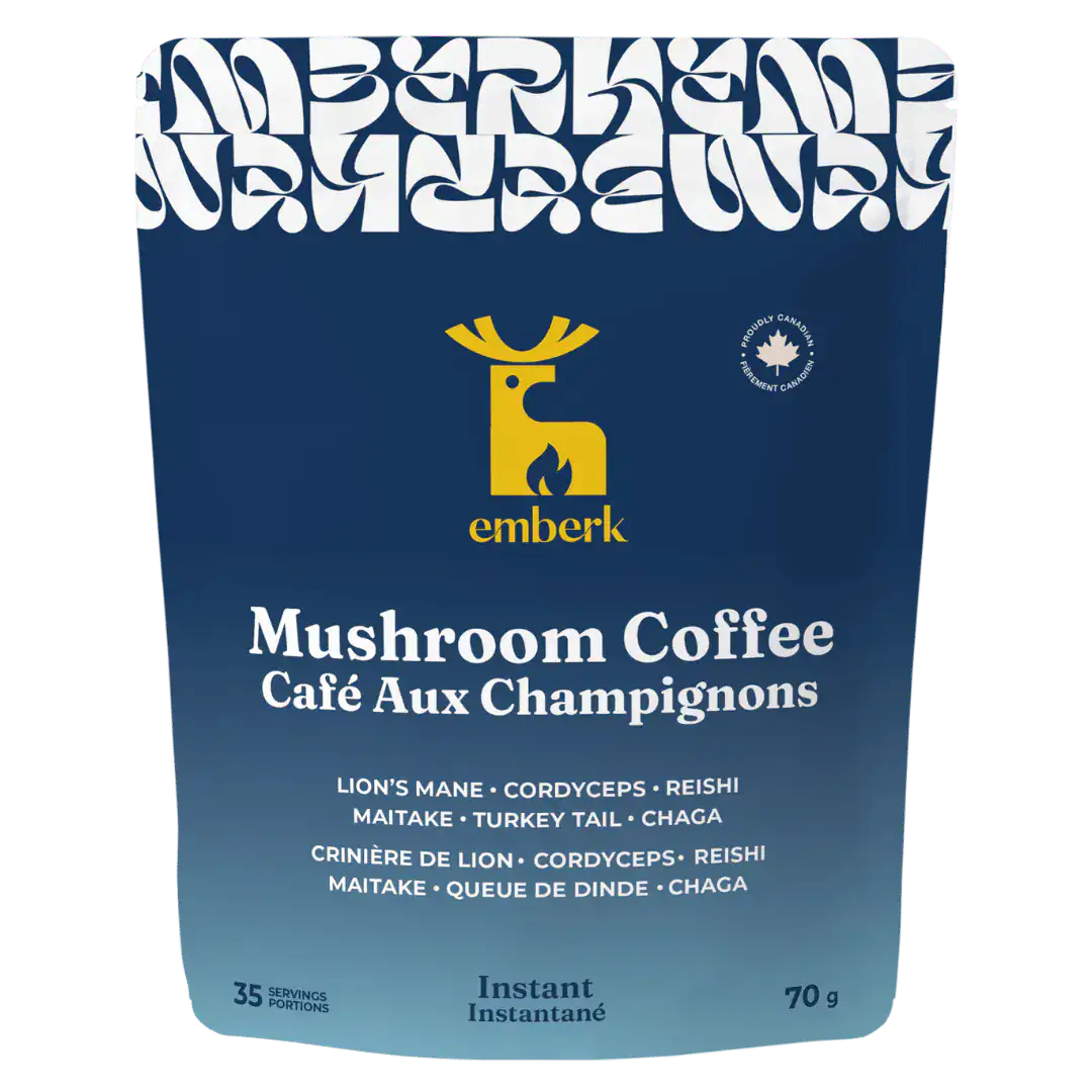 Emberk Mushroom Coffee pouch in dark blue packaging with a yellow deer logo and white text, shown on a plain white background.