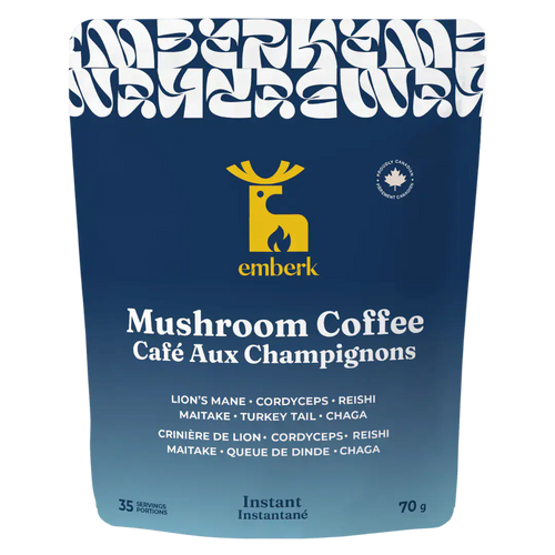 Emberk Mushroom Coffee pouch in dark blue packaging with a yellow deer logo and white text, shown on a plain white background.