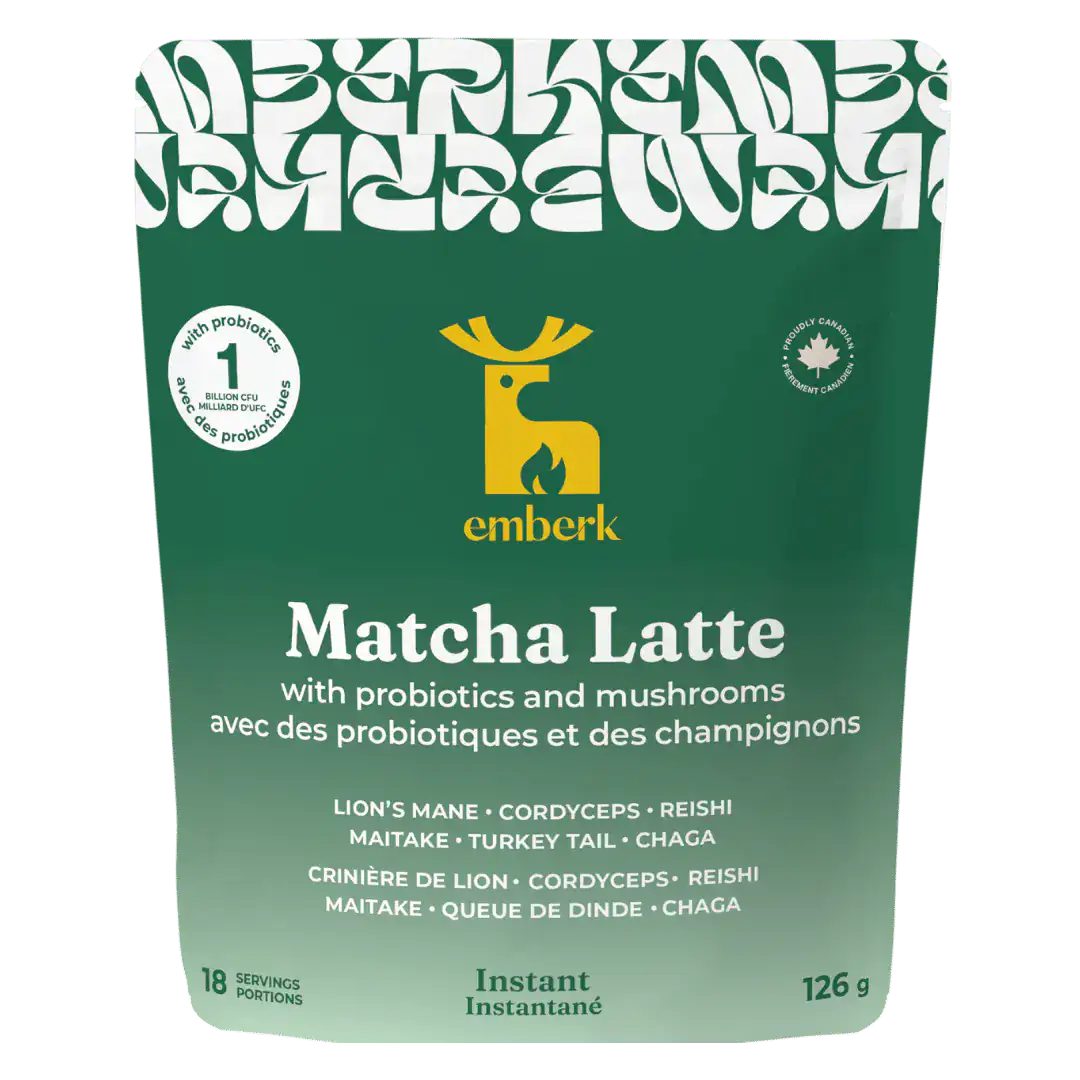 Emberk Matcha Latte instant pouch, 126g. The packaging is dark green with a yellow deer logo and white text detailing the flavor and ingredients.