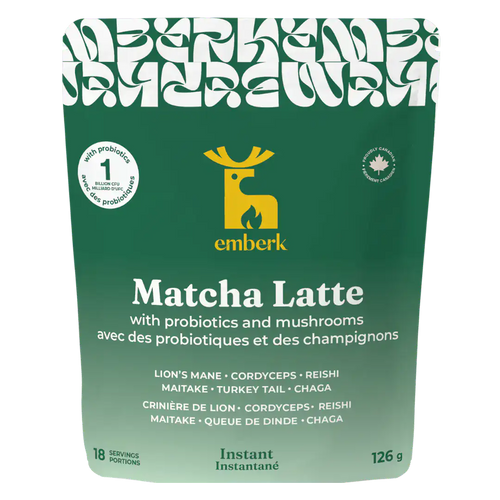 Emberk Matcha Latte instant pouch, 126g. The packaging is dark green with a yellow deer logo and white text detailing the flavor and ingredients.