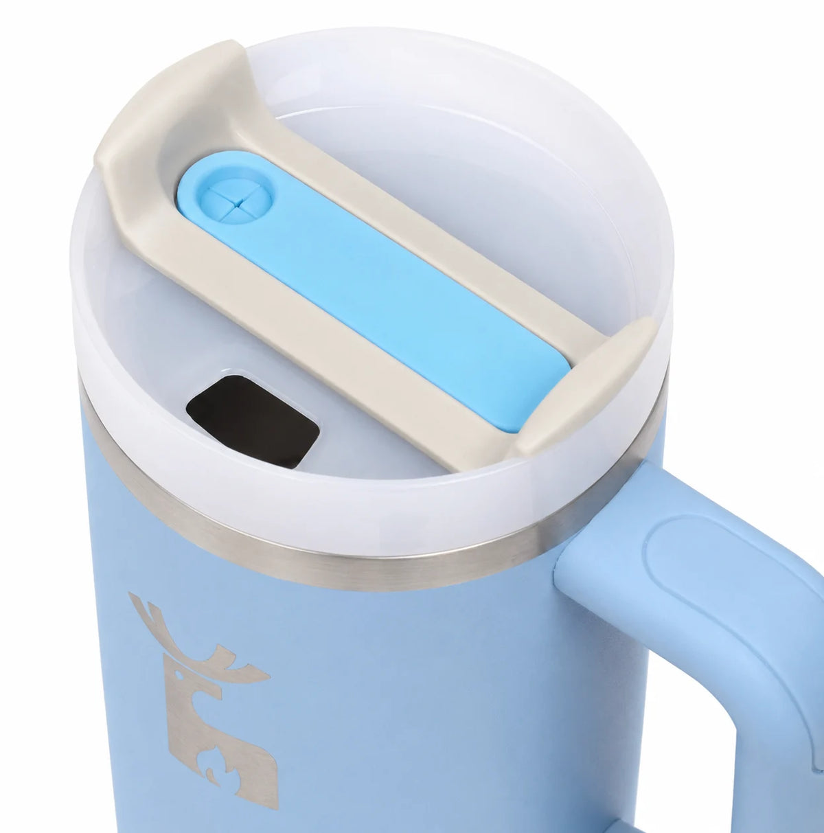 A light blue insulated travel mug with a handle and lid, featuring a beige and light blue flip-top lid and a silver deer logo on the side.
