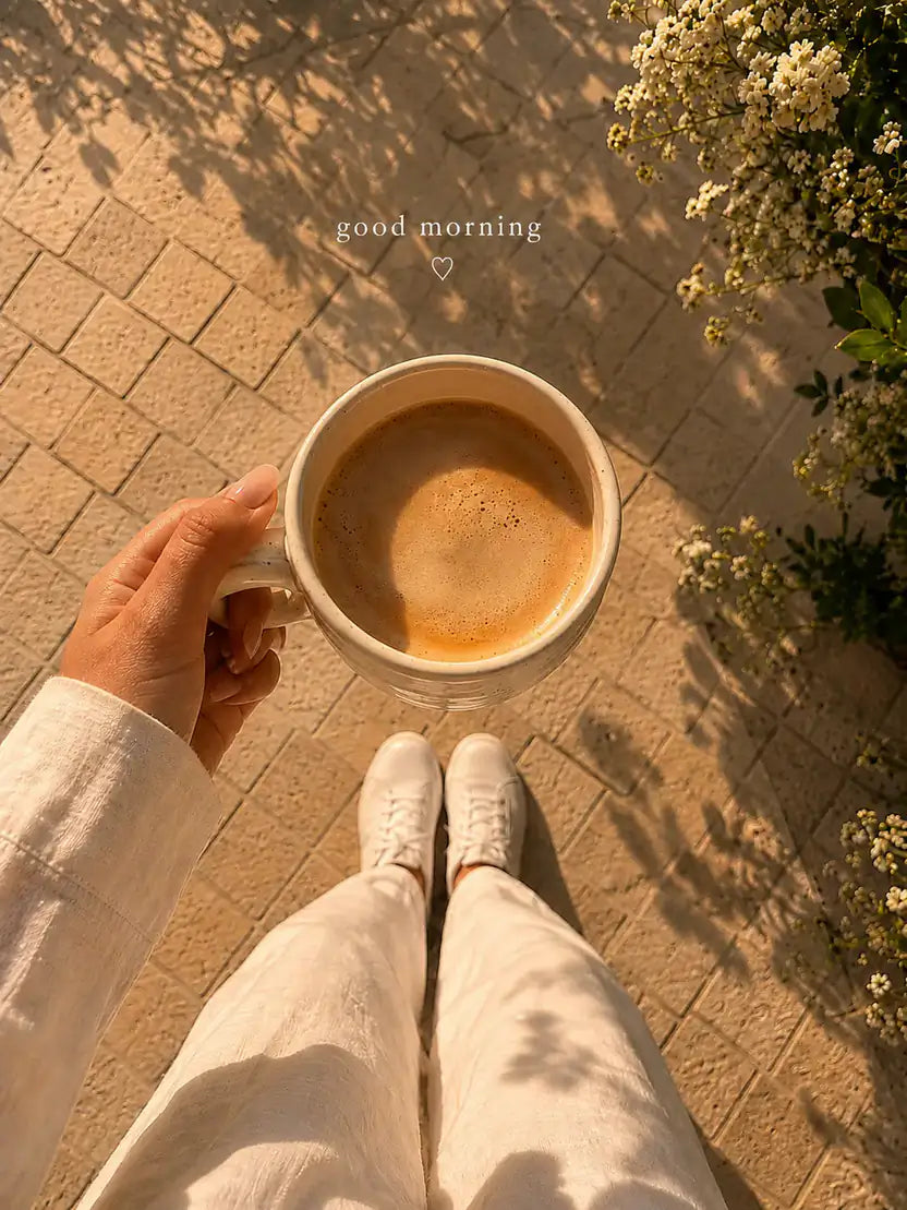 A person holding a ceramic mug filled with coffee, photographed from above while walking on a sunlit paved path. The person is wearing light-colored clothing and white sneakers, with small white flowers visible on the right and the words 'good morning' overlaid near the top.