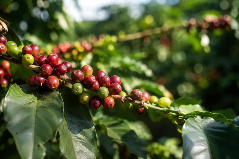 Close-up of coffee cherries on a coffee plant branch, showing red, pink, and green berries among large green leaves in a sunlit outdoor setting.