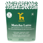 Emberk Matcha Latte instant pouch, 126g. The packaging is dark green with a yellow deer logo and white text detailing the flavor and ingredients.