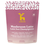 A 120 g pouch of Emberk Mushroom Latte on a plain white background. The packaging is a dusty rose pink with a yellow Emberk logo and white text.