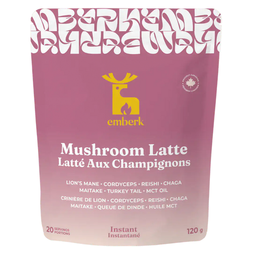 A 120 g pouch of Emberk Mushroom Latte on a plain white background. The packaging is a dusty rose pink with a yellow Emberk logo and white text.