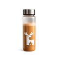 A clear emberk shaker bottle with a brushed silver metal cap, filled with mushroom coffee and featuring a white reindeer graphic with a small flame detail on the front, set against a plain white background.