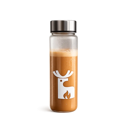 A clear emberk shaker bottle with a brushed silver metal cap, filled with mushroom coffee and featuring a white reindeer graphic with a small flame detail on the front, set against a plain white background.
