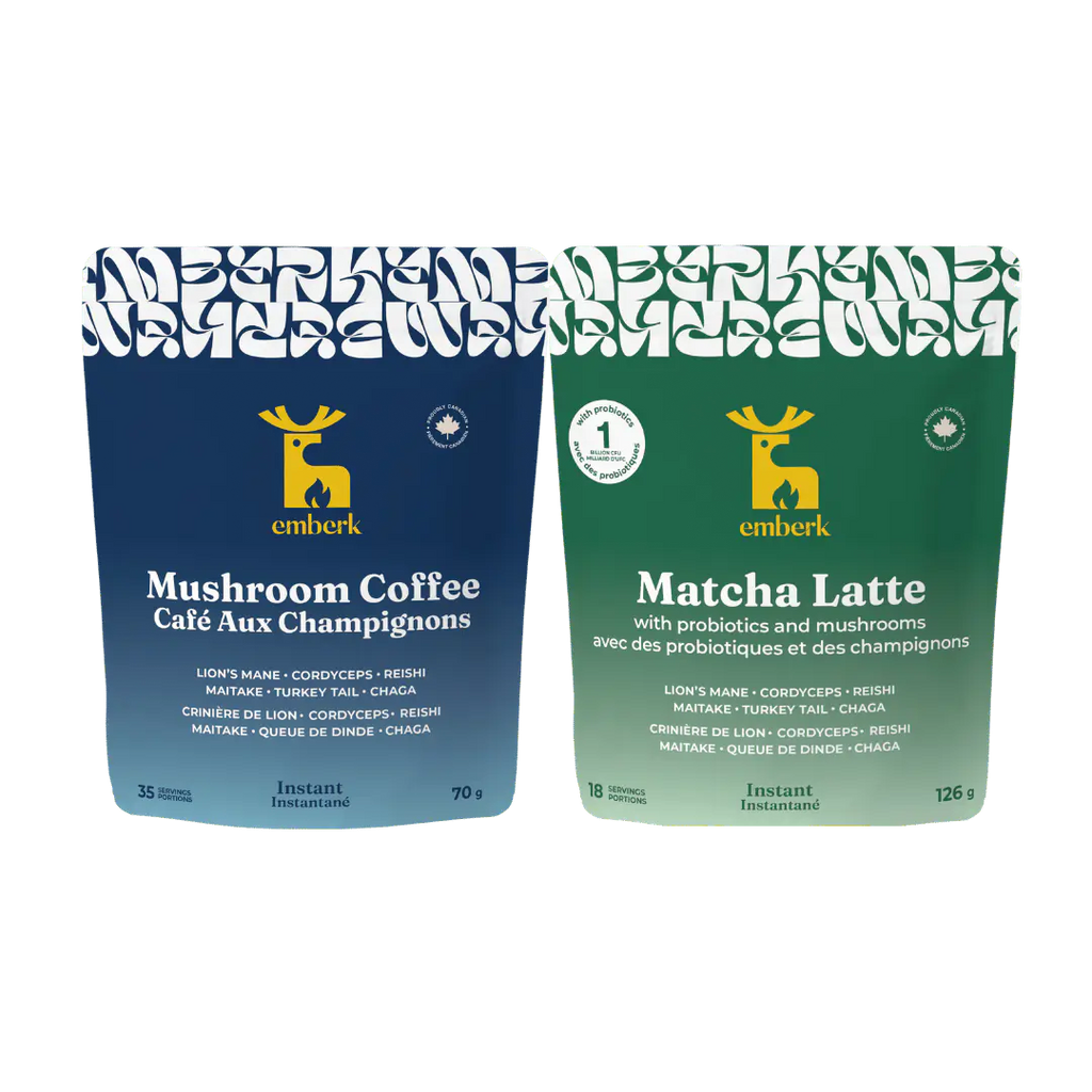 Two Emberk pouches side by side on a white background. The left pouch is dark blue and labeled Mushroom Coffee and the right one is green labeled Matcha Latte