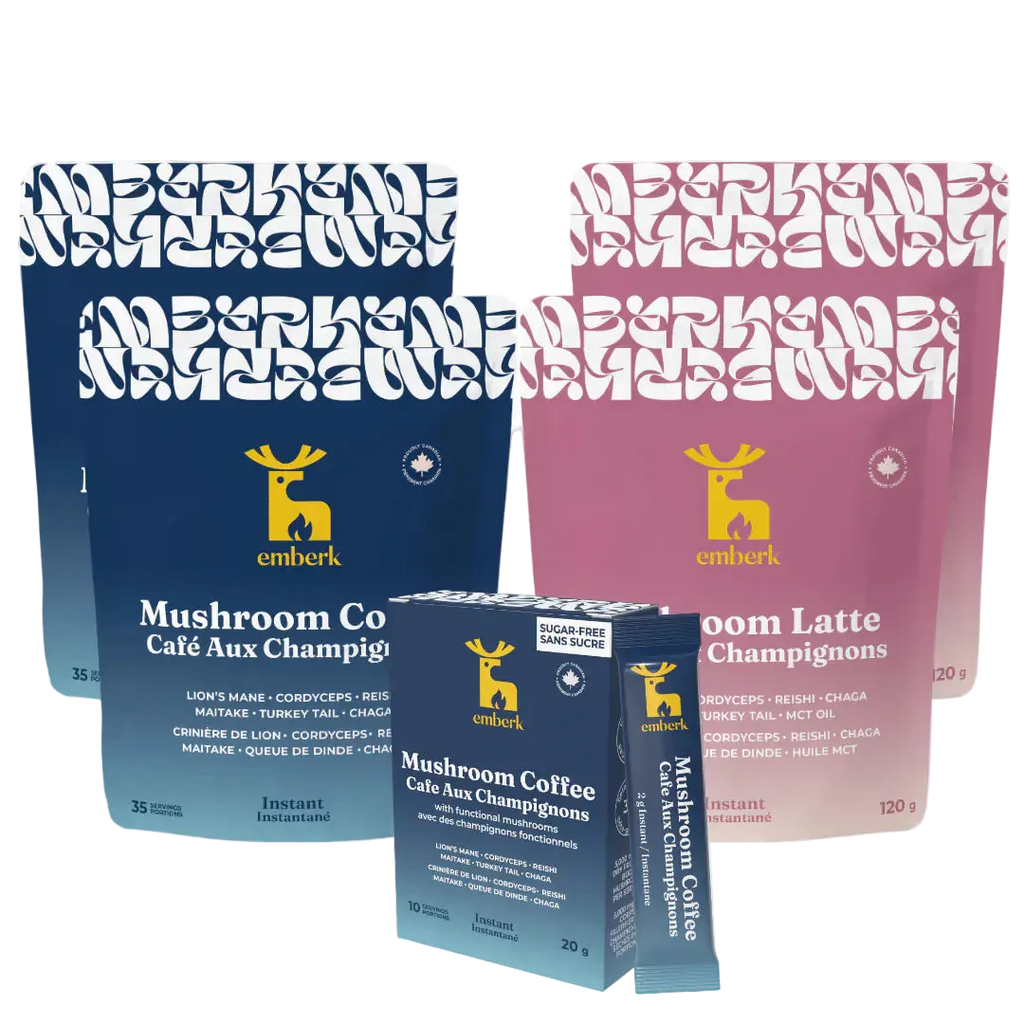 Emberk Ultimate Kit with two pouches of Mushroom Coffee, two pouches of mushroom latte, and one mushroom coffee travel pack, shown in blue and pink packaging on a white background