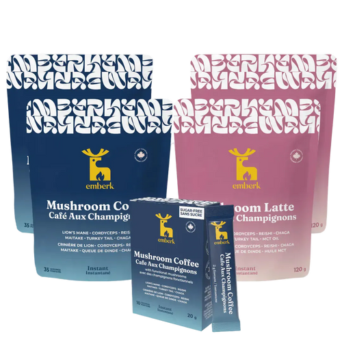 Emberk Ultimate Kit with two pouches of Mushroom Coffee, two pouches of mushroom latte, and one mushroom coffee travel pack, shown in blue and pink packaging on a white background