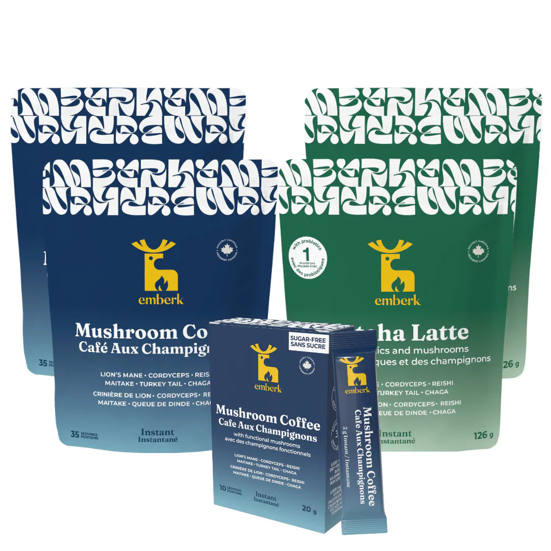 Emberk Ultimate kit with two mushroom coffee pouches, two matcha latte pouches and one box of mushroom coffee travel pack on a white background.