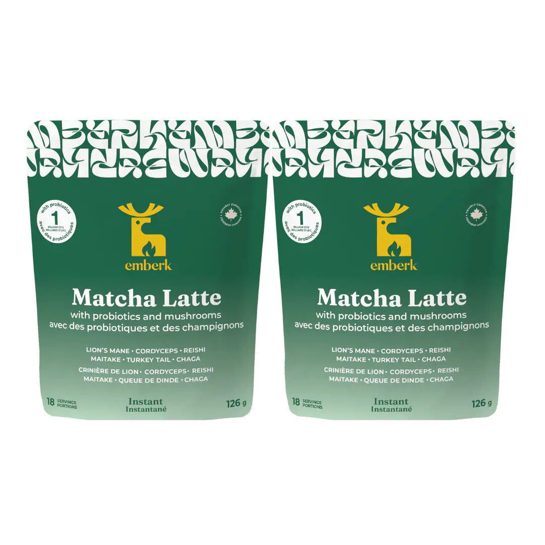 Two green Emberk Matcha Latte pouches side by side on a white background, each showing 126 g packaging with a yellow deer logo and product details.