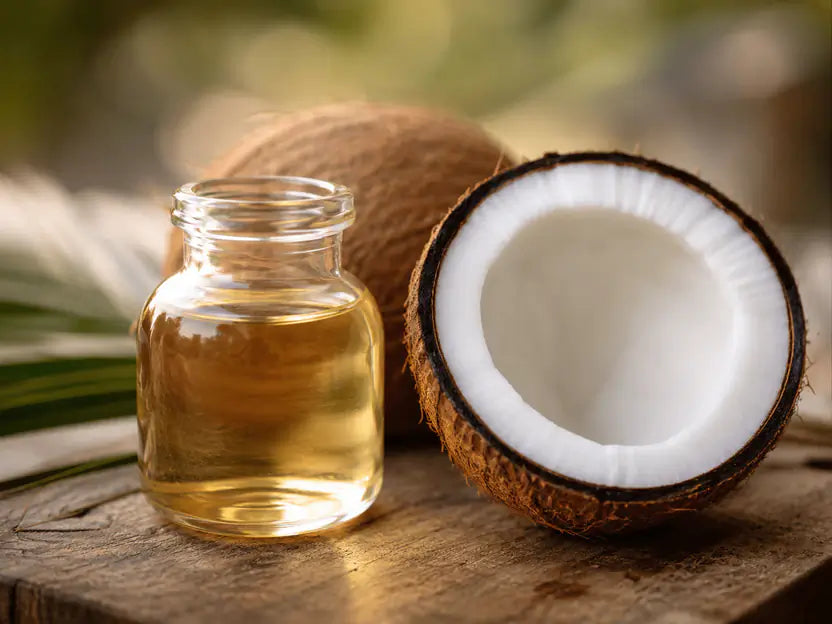 A small clear glass bottle filled with golden coconut oil sits on a wooden surface beside a halved coconut and a whole coconut, with a softly blurred natural background.