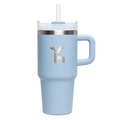 A light blue insulated emberk travel tumbler with a matching handle, clear lid, and straw. It features a silver deer silhouette graphic on the front and a stainless steel rim.