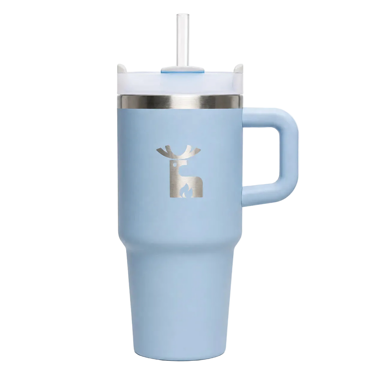 A light blue insulated emberk travel tumbler with a matching handle, clear lid, and straw. It features a silver deer silhouette graphic on the front and a stainless steel rim.