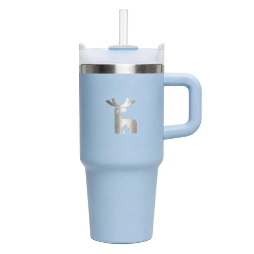 A light blue insulated emberk travel tumbler with a matching handle, clear lid, and straw. It features a silver deer silhouette graphic on the front and a stainless steel rim.